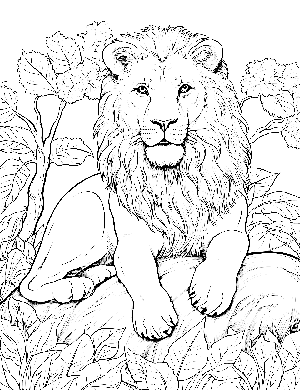 Lion's Serene Domain Adult Coloring Page - A lion lounges on a rock.