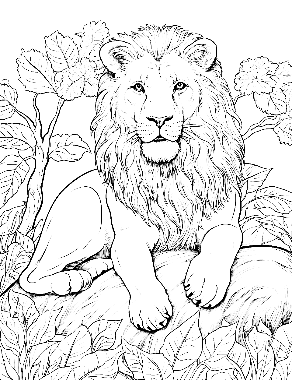 Lion's Serene Domain Adult Coloring Page - A lion lounging on a rock.