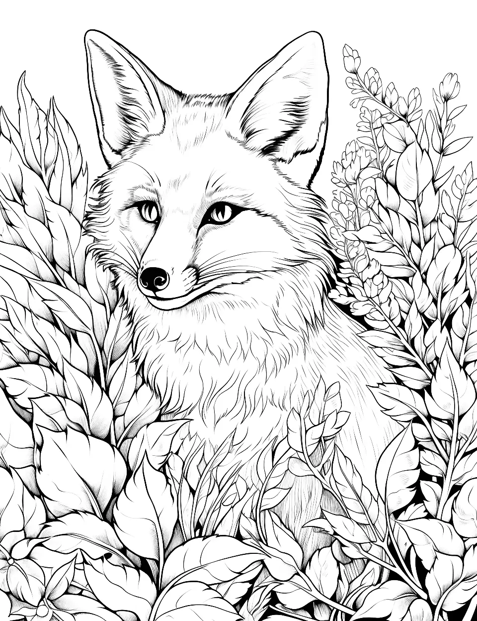 Fox's Ambush Adult Coloring Page - A fox hiding behind bushes.
