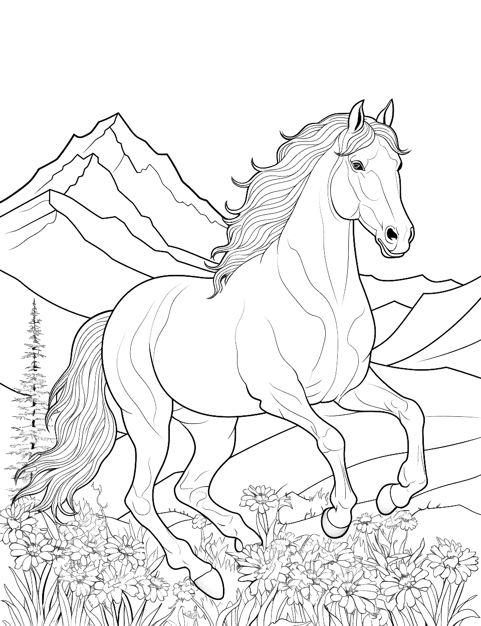Horse's Mountain Gallop Adult Coloring Page - A horse gallops against a backdrop of distant mountains.