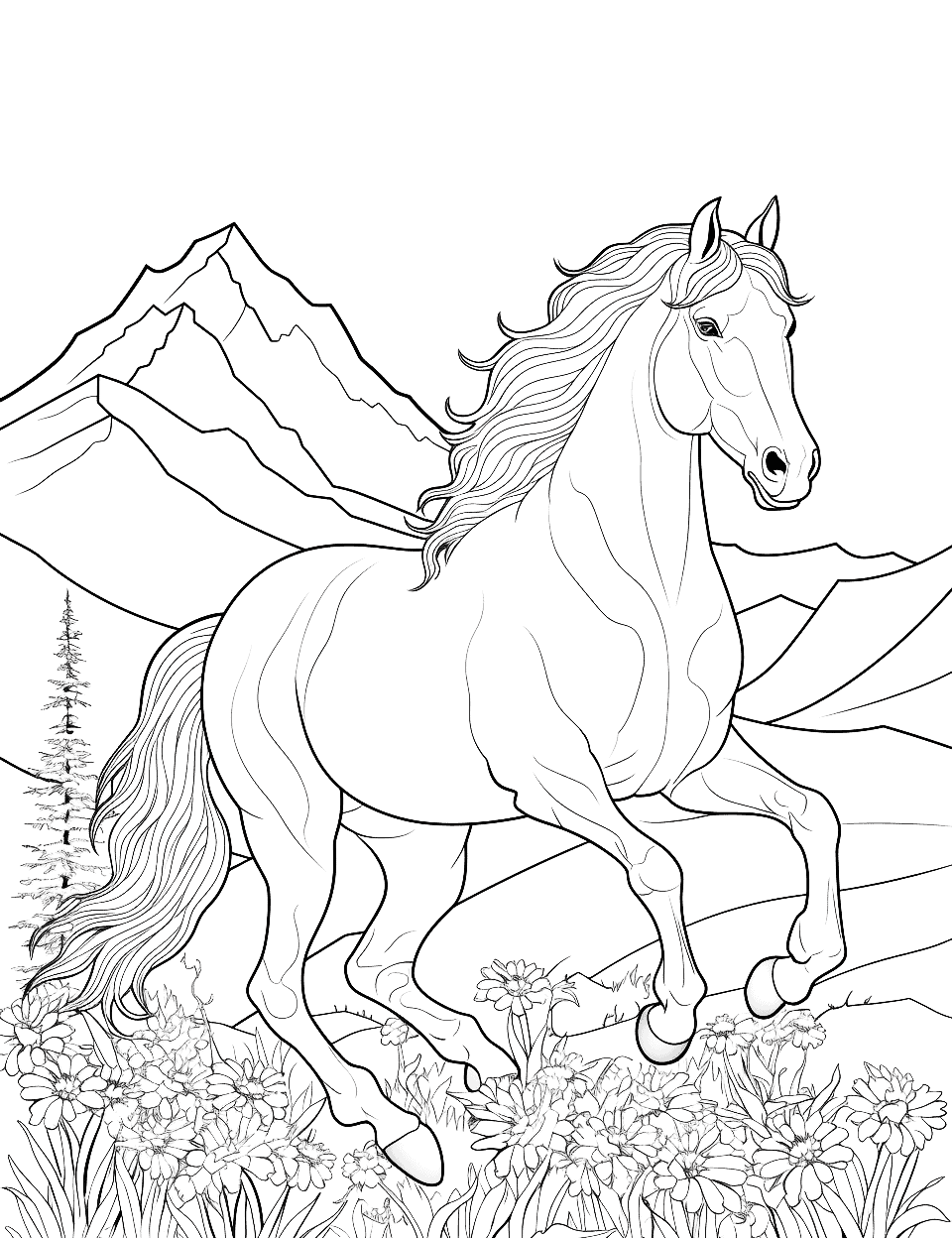 Horse's Mountain Gallop Adult Coloring Page - A horse galloping against a backdrop of distant mountains.