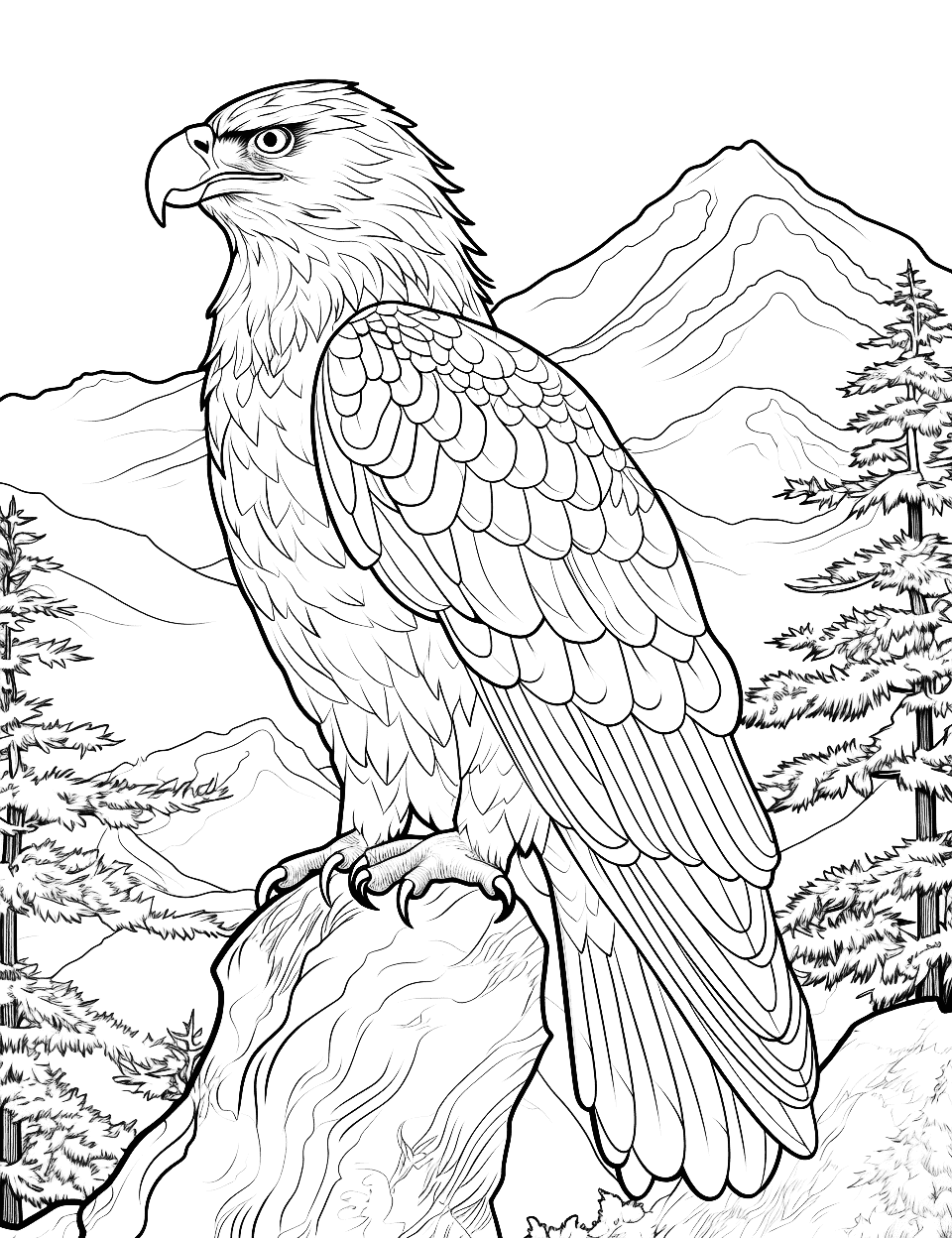 Eagle's Nest View Adult Coloring Page - An eagle overlooking its domain from a high nest.