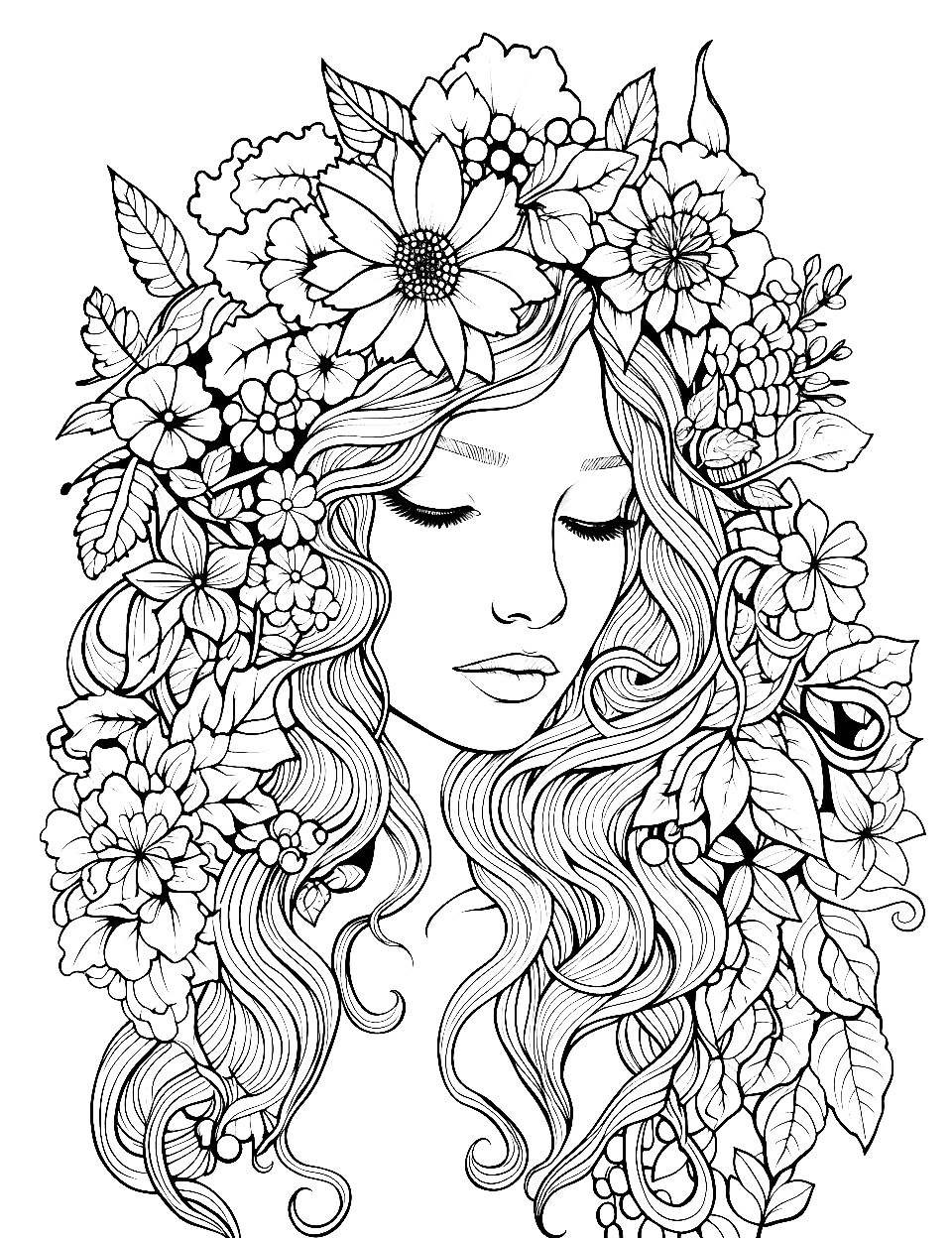 Girl's Floral Decor Adult Coloring Page - A girl adorned with wildflowers.