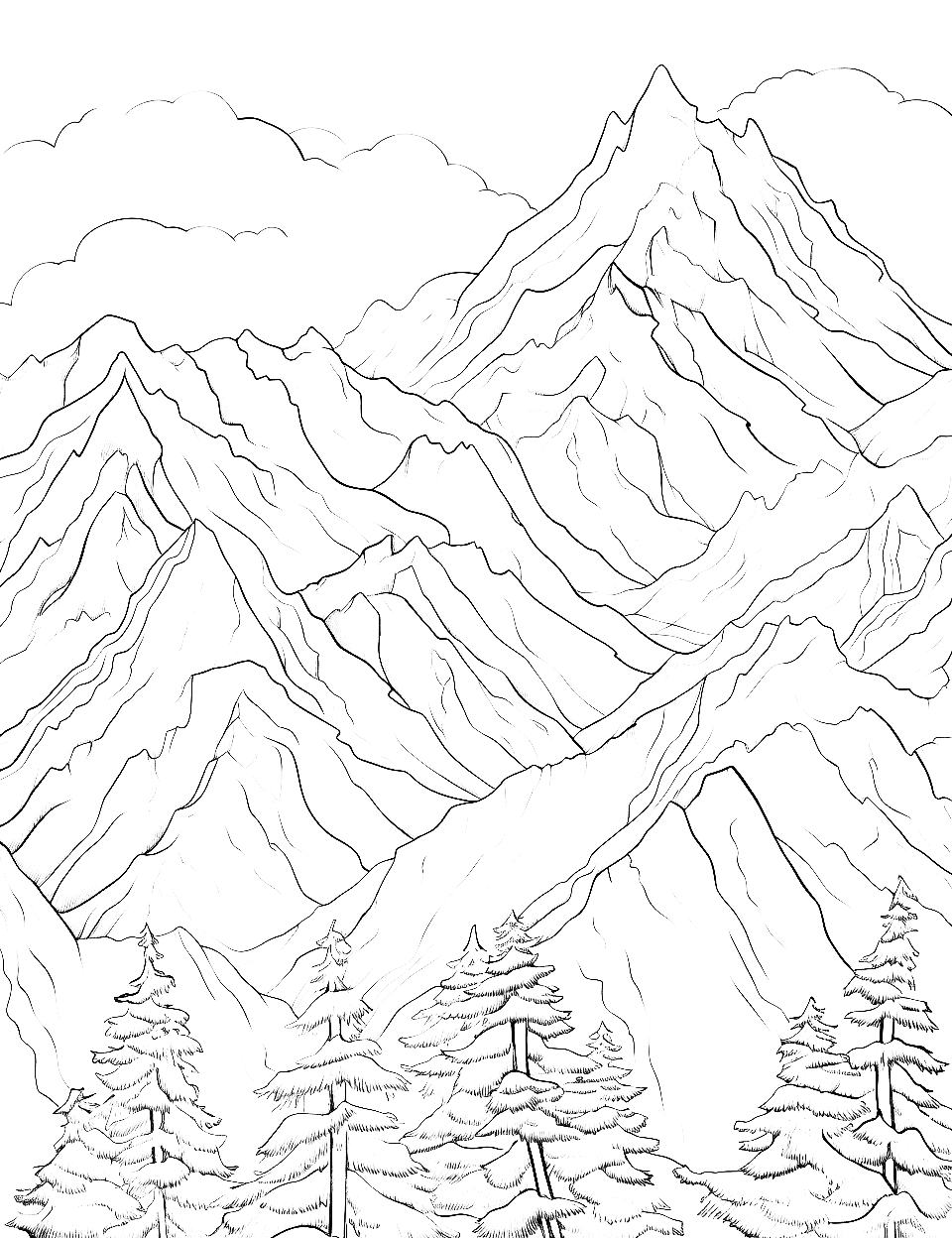 Inspiring Mountain Peaks Adult Coloring Page - Majestic mountain peaks touch the sky.