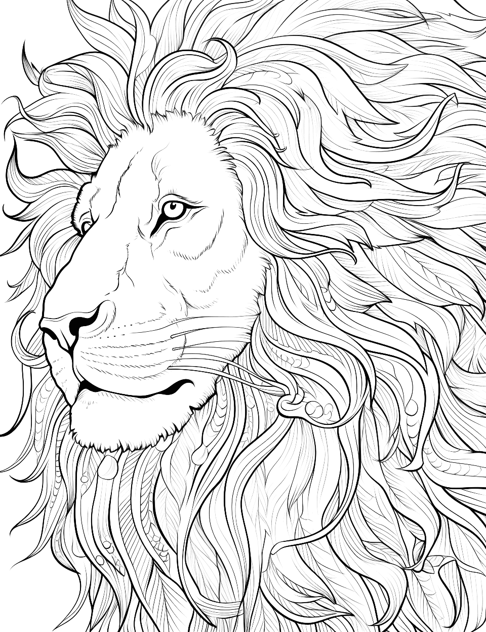 Lion's Majestic Mane Adult Coloring Page - Close-up of a lion’s mane, full of texture and depth.