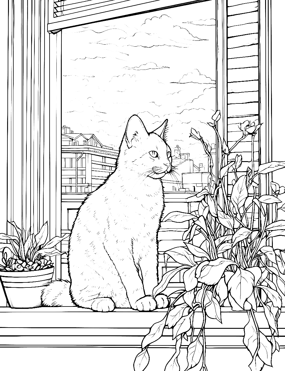 Cat's Window Perch Adult Coloring Page - A cat relaxes on a windowsill and observes the world outside.