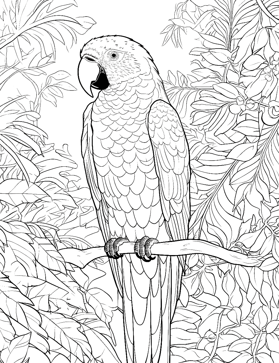 Parrot's Jungle  Adult Coloring Page - A parrot sitting amidst lush jungle foliage.