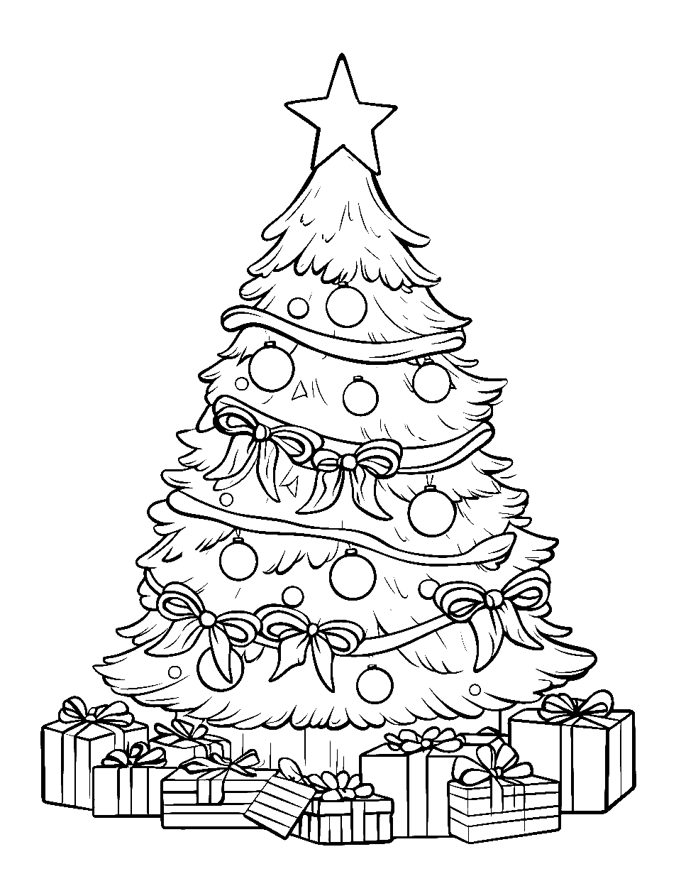 Merry Christmas Tree Coloring Page - A Christmas tree decorated with twinkling lights and colorful ornaments, surrounded by presents.