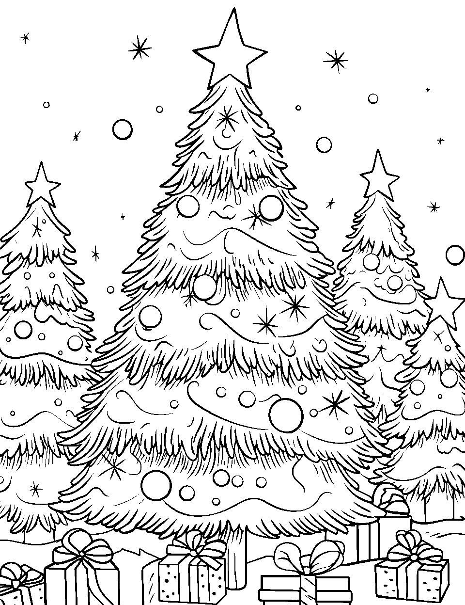 Large Detailed Christmas Scene Coloring Page - A detailed scene featuring large, decorated Christmas trees with snow gently falling in the background.