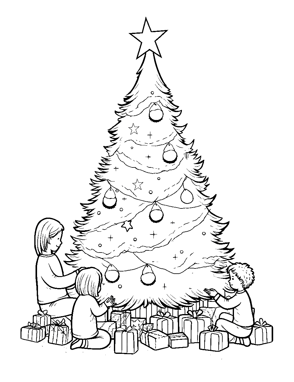 Family Gathering Around the Tree Christmas Coloring Page - A cozy family moment with parents and children gathered around the Christmas tree, sharing gifts.