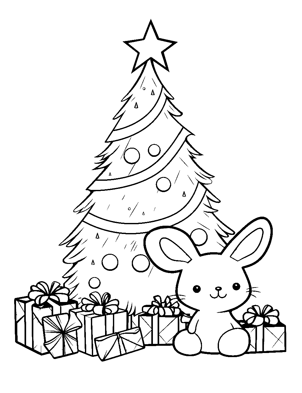 Cute Bunny and the Tree Coloring Page - A cute bunny sitting next to a sparkling Christmas tree with presents underneath.