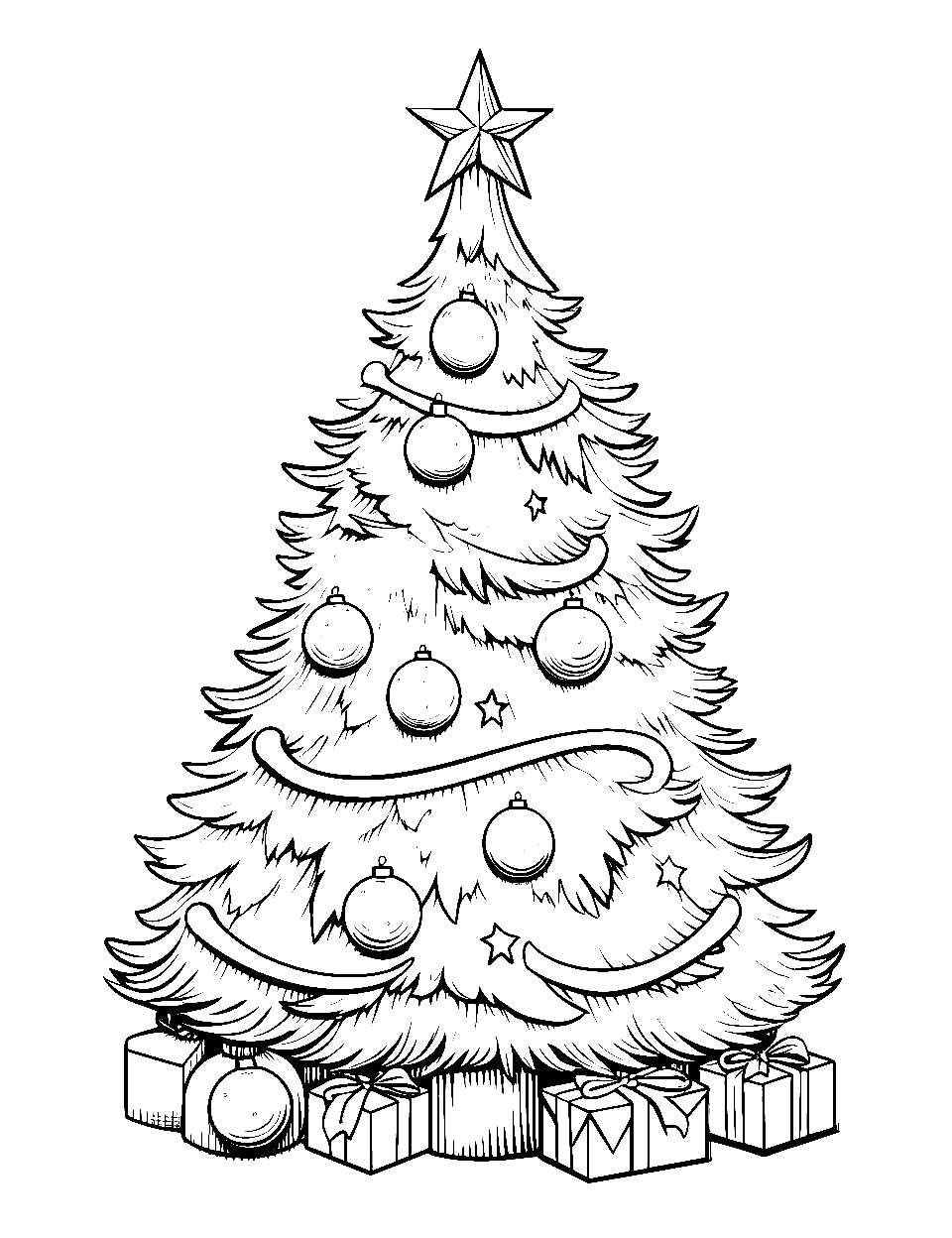 Realistic Pine Christmas Tree Coloring Page - A realistic pine tree adorned with classic Christmas decorations and a star on top.