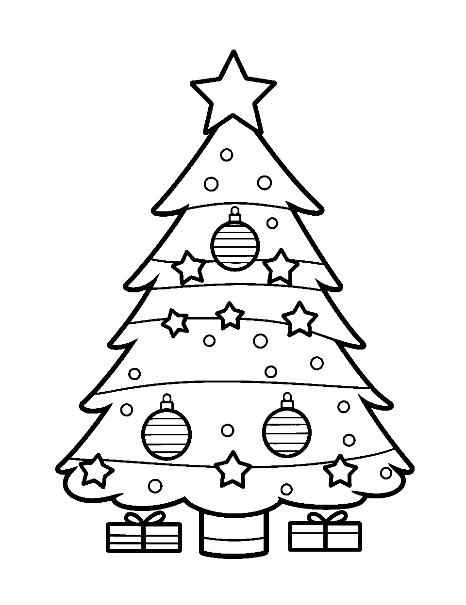 Simple Kindergarten Christmas Tree Coloring Page - A plain and simple Christmas tree with round ornaments and a star, designed for kindergarten kids to enjoy coloring.