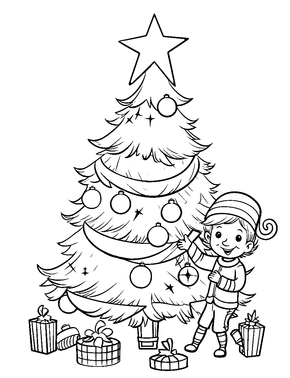 Joyful Elf Preparing Tree Coloring Page - An excited elf hanging colorful baubles on a radiant Christmas tree with a joyful smile.