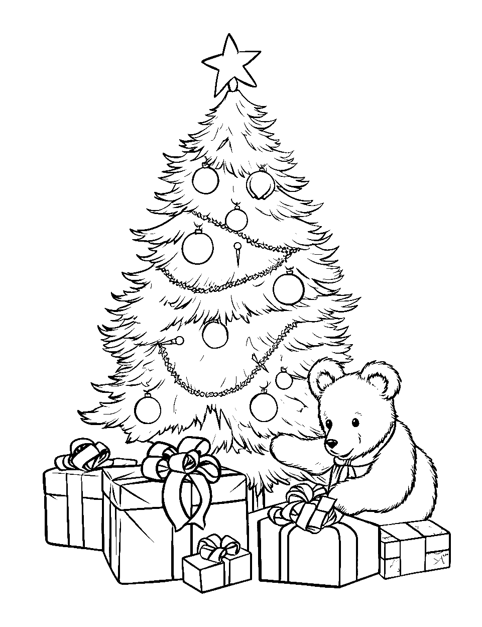 Friendly Bear Opening Presents Christmas Tree Coloring Page - A friendly bear unwrapping presents under a shimmering Christmas tree.