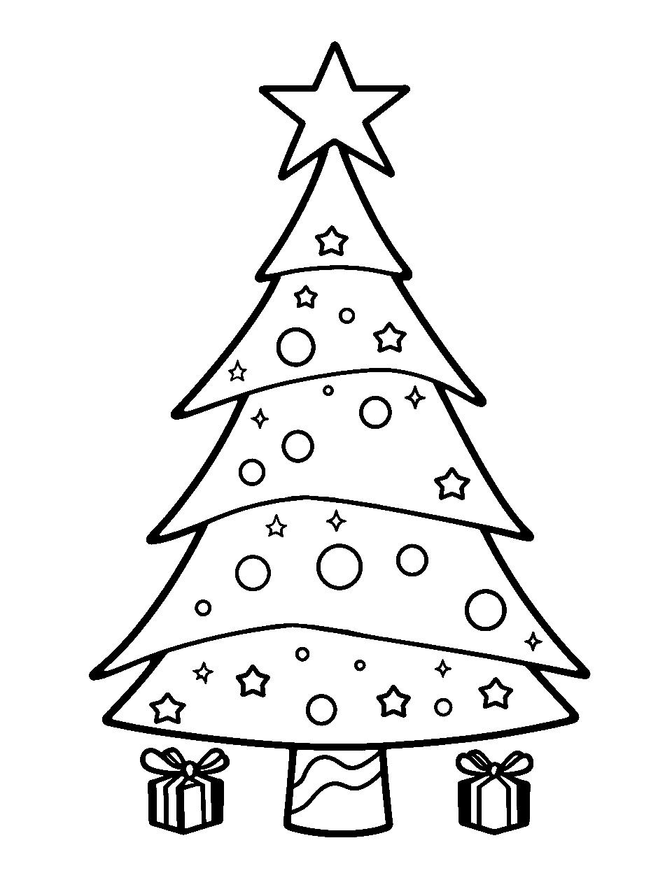 Cute and Simple Toddler Tree Christmas Coloring Page - A cute and uncomplicated Christmas tree with large ornaments and gifts, suitable for a toddler’s imaginative coloring.