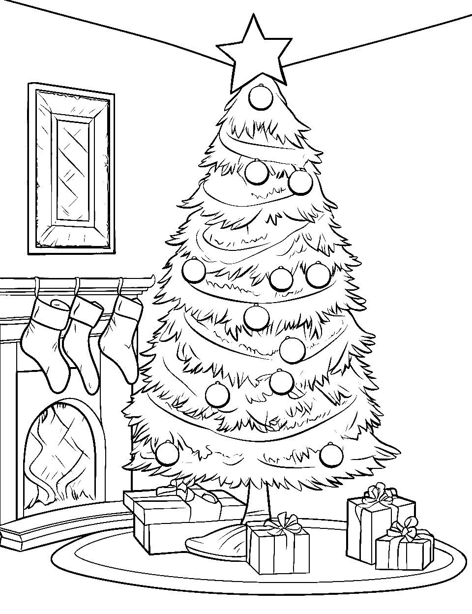 Warm Fireplace and Christmas Tree Coloring Page - A cozy scene with stockings hanging on the fireplace next to a glowing Christmas tree.