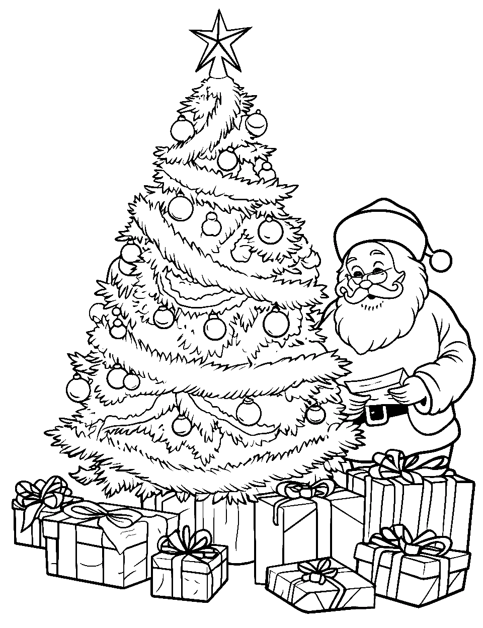 Santa Placing Presents Christmas Tree Coloring Page - Santa quietly placing presents under a beautifully decorated Christmas tree.