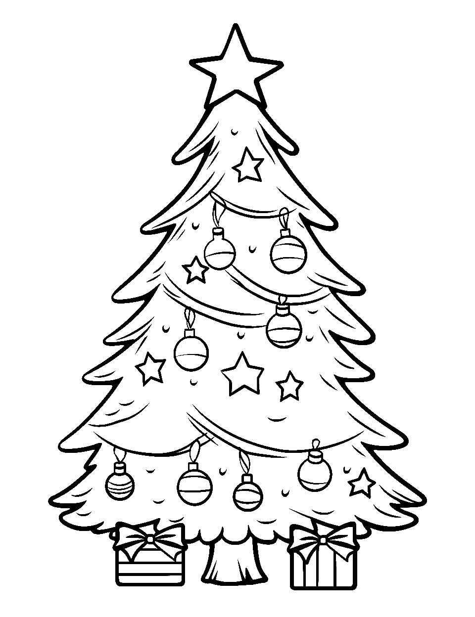 Simple Christmas Tree for Preschoolers Coloring Page - A delightful and uncomplicated Christmas tree with ornaments suitable for preschoolers.