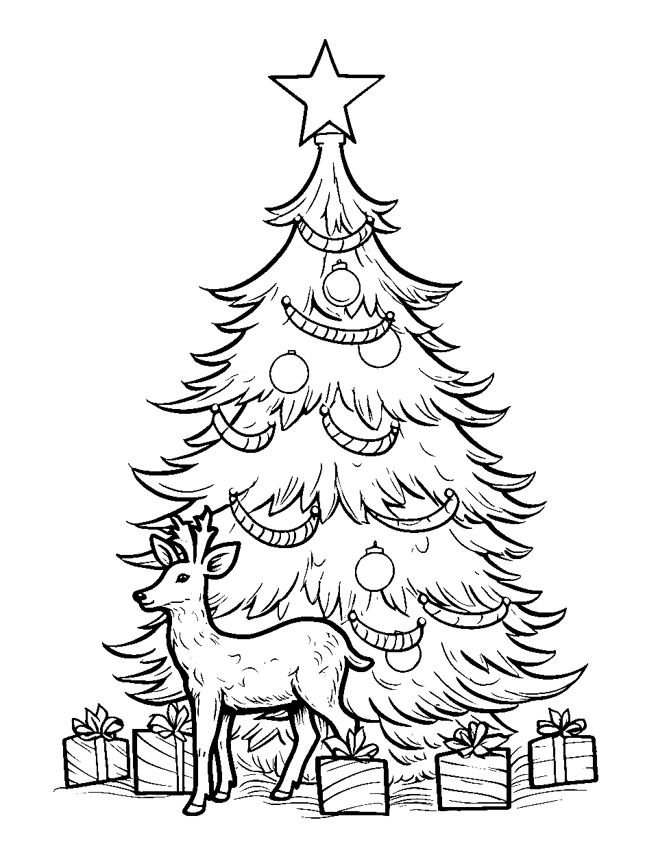 Reindeer by the Tree Coloring Page - A friendly reindeer standing next to a brightly lit and decorated Christmas tree in the calm of the night.