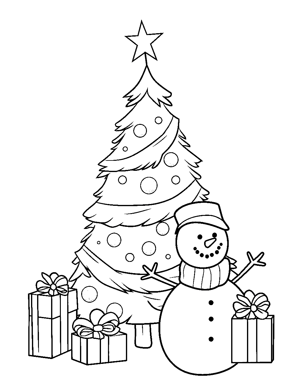 Snowman and the Festive Tree Christmas Coloring Page - A smiling snowman wearing a top hat, standing next to a festive Christmas tree.