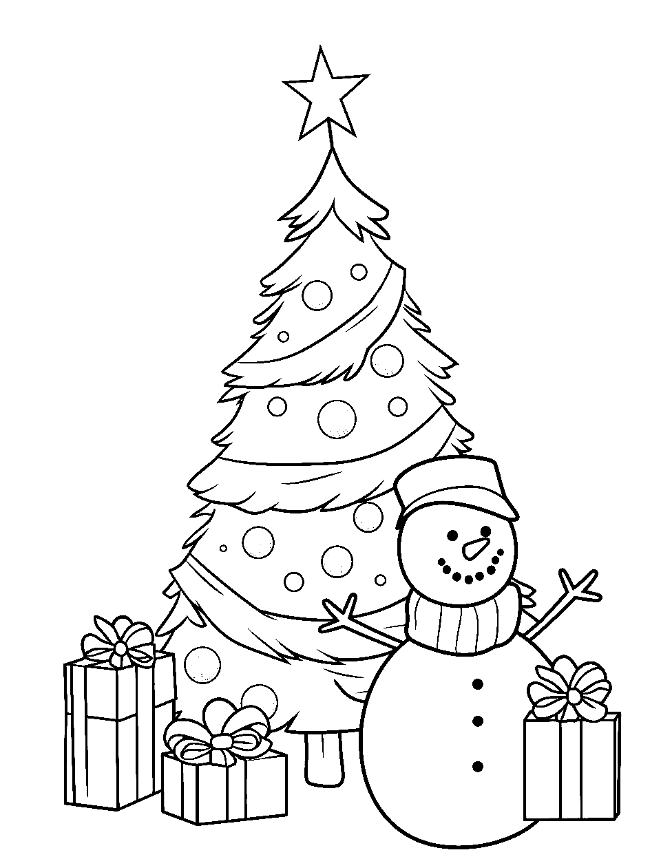 Snowman and the Festive Tree Coloring Page - A smiling snowman wearing a top hat, standing next to a festive Christmas tree.