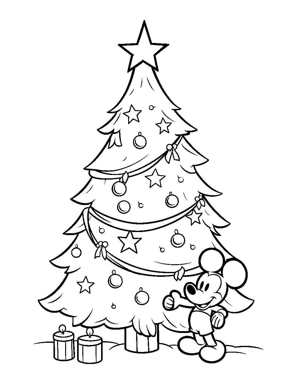 Mickey Mouse’s Christmas Tree Coloring Page - Mickey Mouse decorating a Christmas tree showing thumbs up.