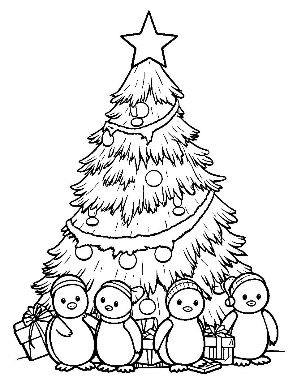 Holiday Penguins Around the Tree Coloring Page - Cute penguins waddling around a sparkling Christmas tree.