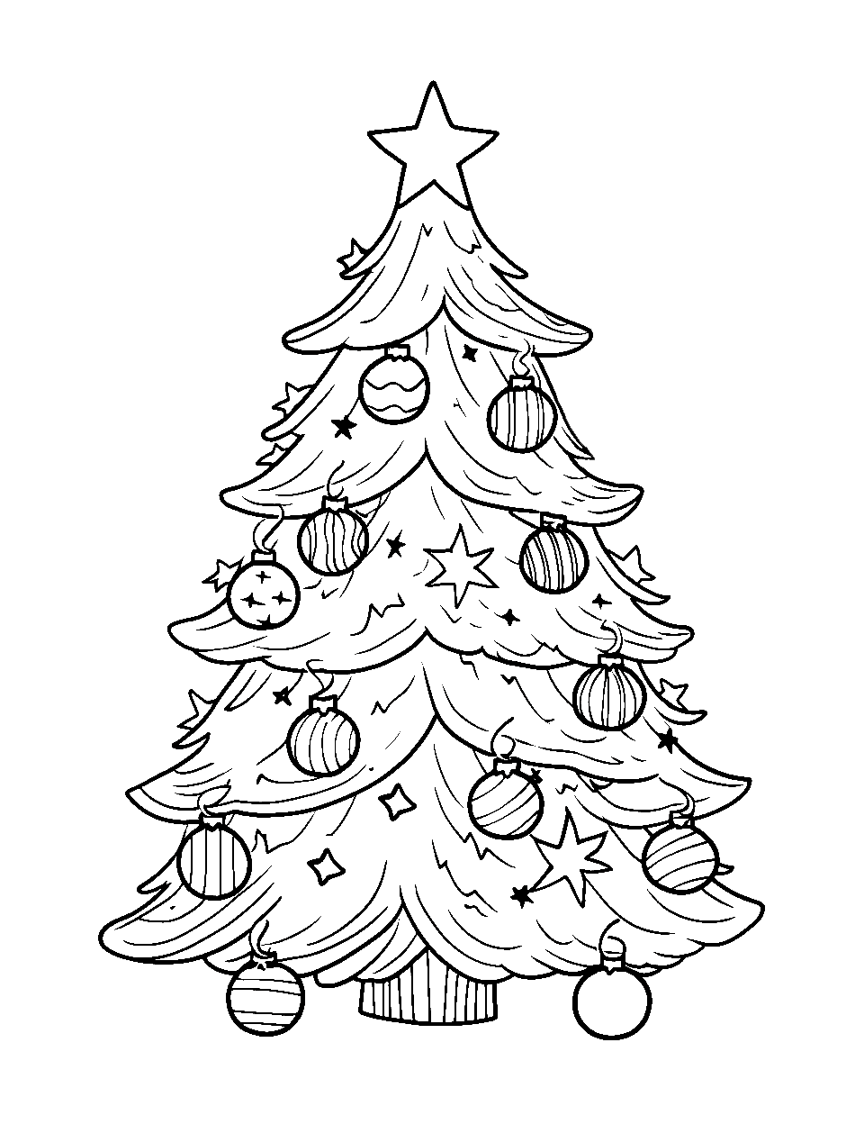 Detailed Christmas Ornaments Tree Coloring Page - A Christmas tree with detailed ornaments and a bright shining star at the top.