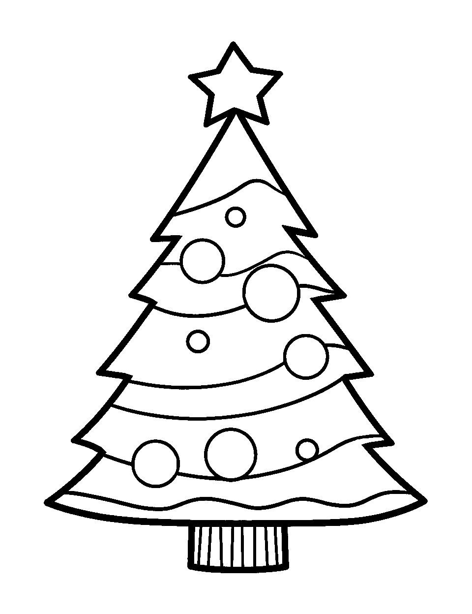 Easy Toddler Christmas Tree Coloring Page - A simple and colorful Christmas tree with big ornaments and a bright star, perfect for a toddler to color.