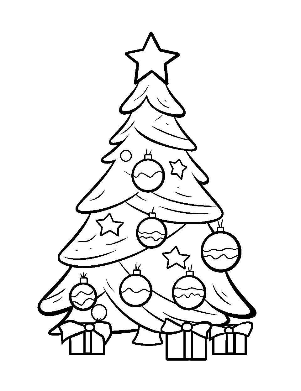Preschool Christmas Tree Fun Coloring Page - A charming Christmas tree with large, easy-to-color ornaments and a happy star suitable for preschoolers.