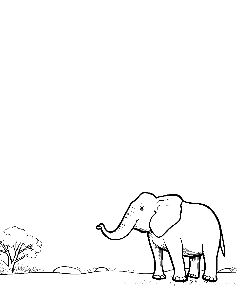 Small Elephant in Vast Plains Coloring Page - A tiny elephant silhouette against a large empty savannah.