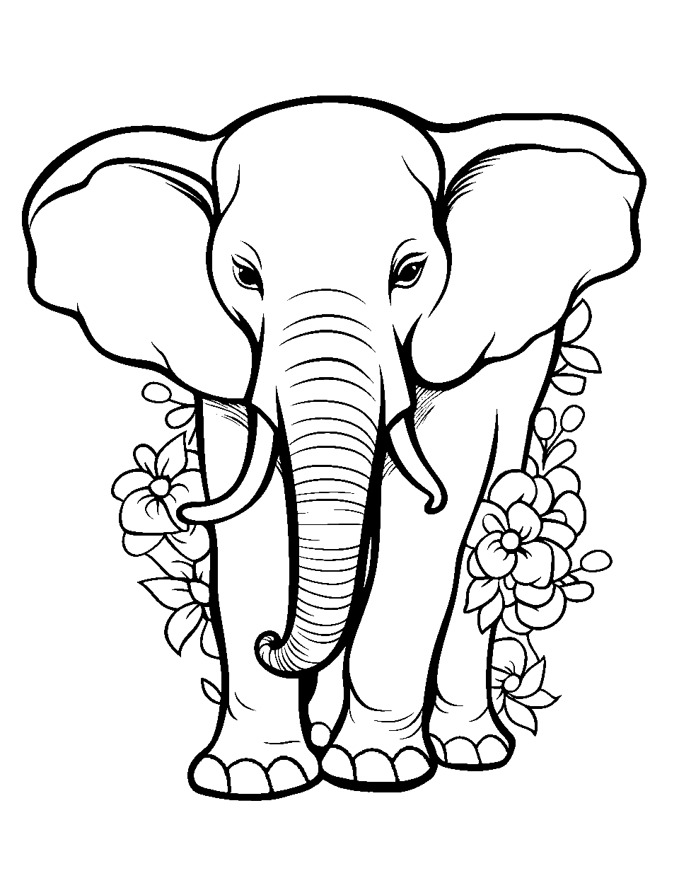 Pretty Elephant with Flowers Coloring Page - An elephant adorned with beautiful flowers.