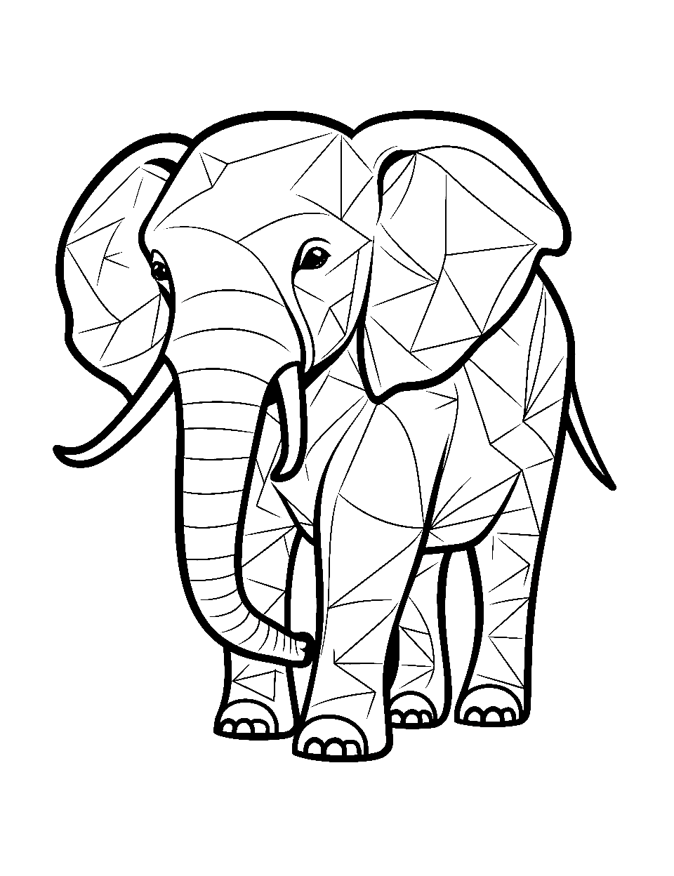 Geometric Elephant Design Coloring Page - An elephant constructed of geometric shapes and patterns.