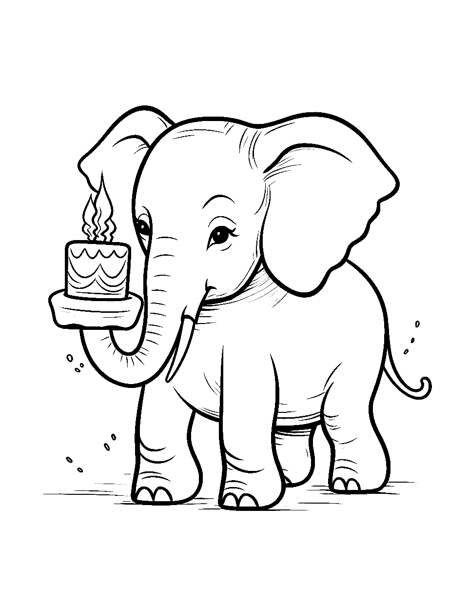 Birthday Celebration Elephant Coloring Page - An elephant with a small cake in front.