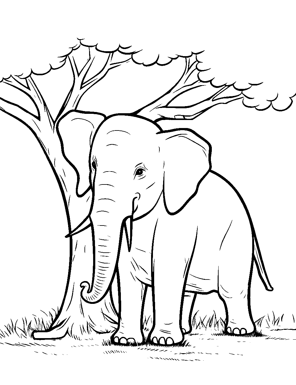 Elephant Near a Tree Coloring Page - An elephant resting under a tree, enjoying its shade.