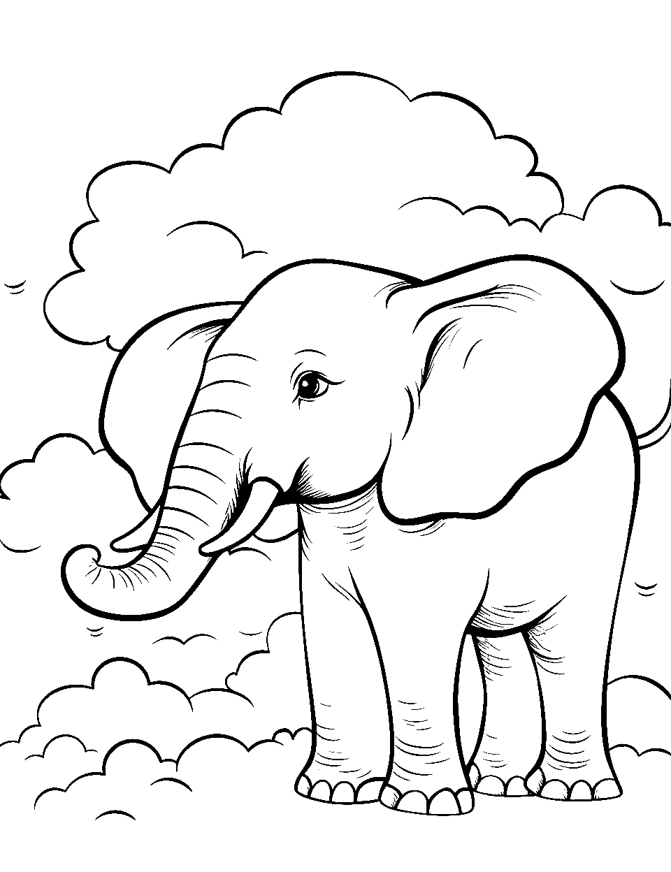 Elephant Dream Clouds Coloring Page - An elephant among fluffy clouds.