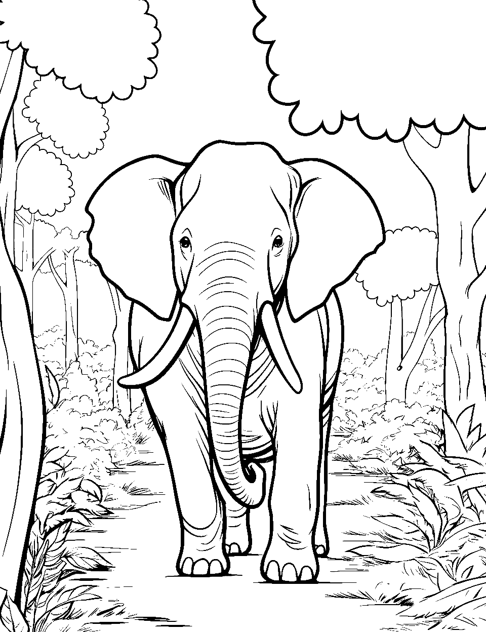 Realistic Jungle Walk Coloring Page - A detailed elephant walking through the jungle.