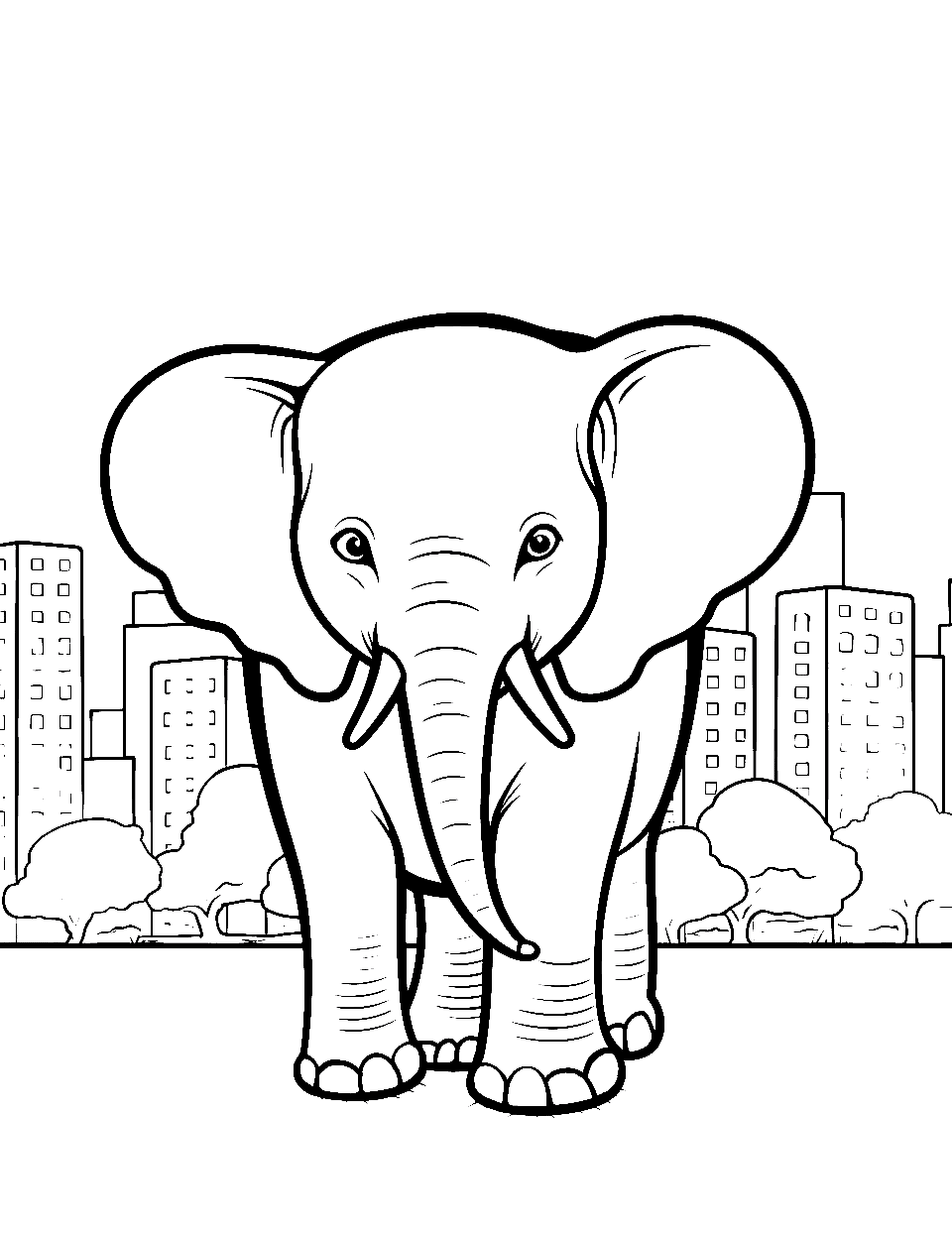 Elephant's Day Out Coloring Page - An elephant with a minimalistic cityscape in the background.