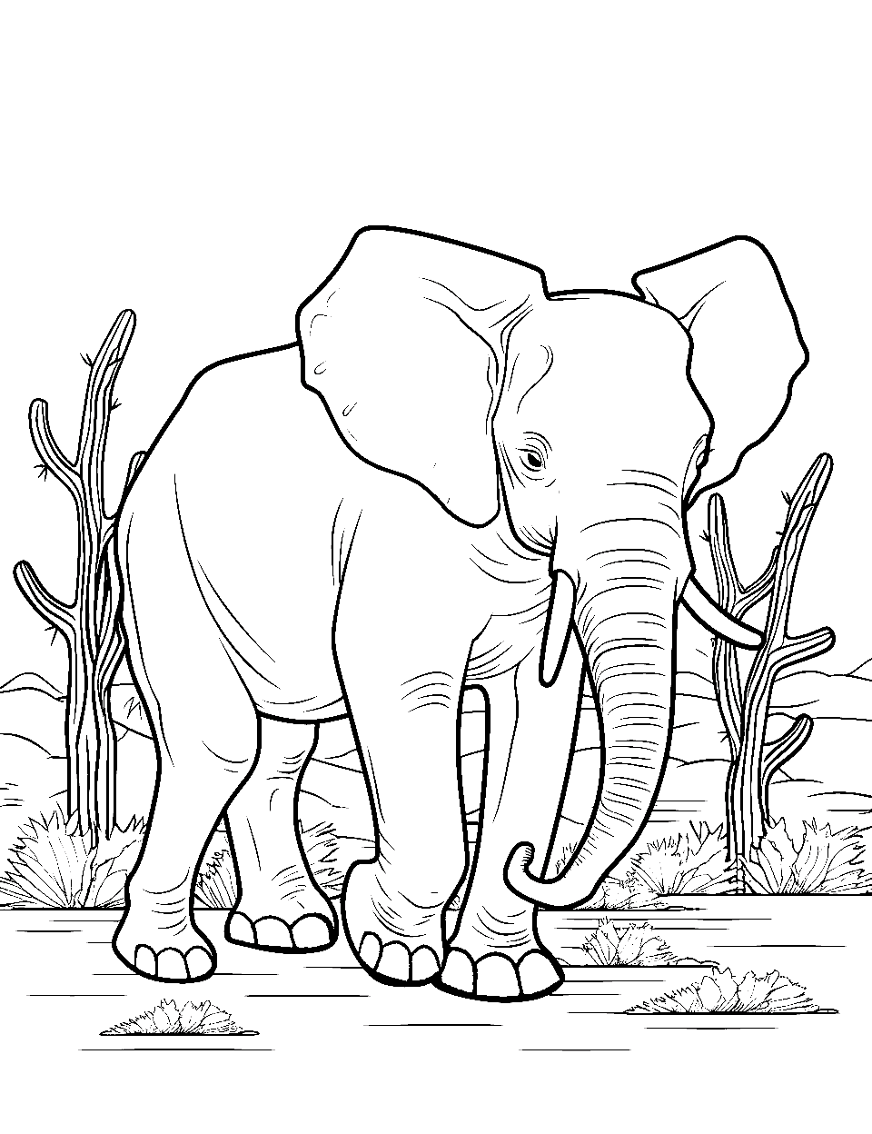 Desert Traveler Elephant Coloring Page - An elephant walking with cacti in the background.