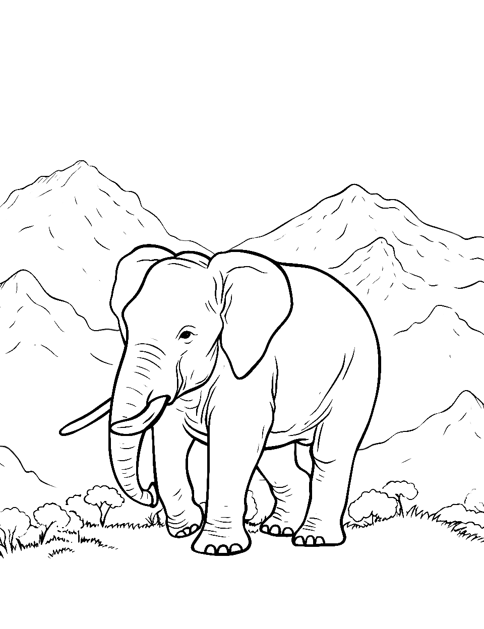 Elephant Mountain Backdrop Coloring Page - An elephant with towering mountains in the distance.