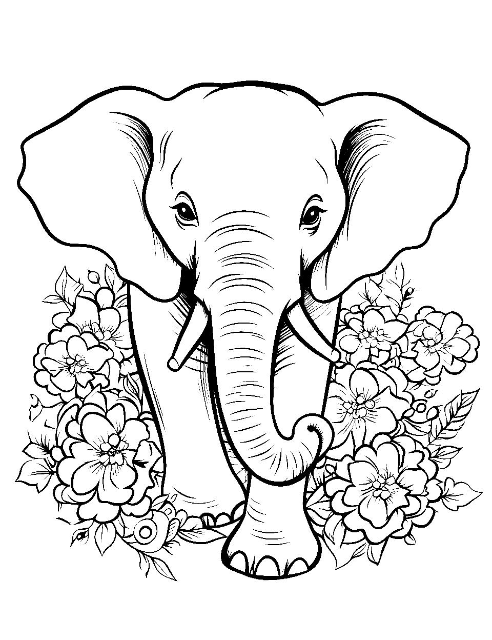 Elephant's Garden Party Elephant Coloring Page - An elephant surrounded by blooming flowers.