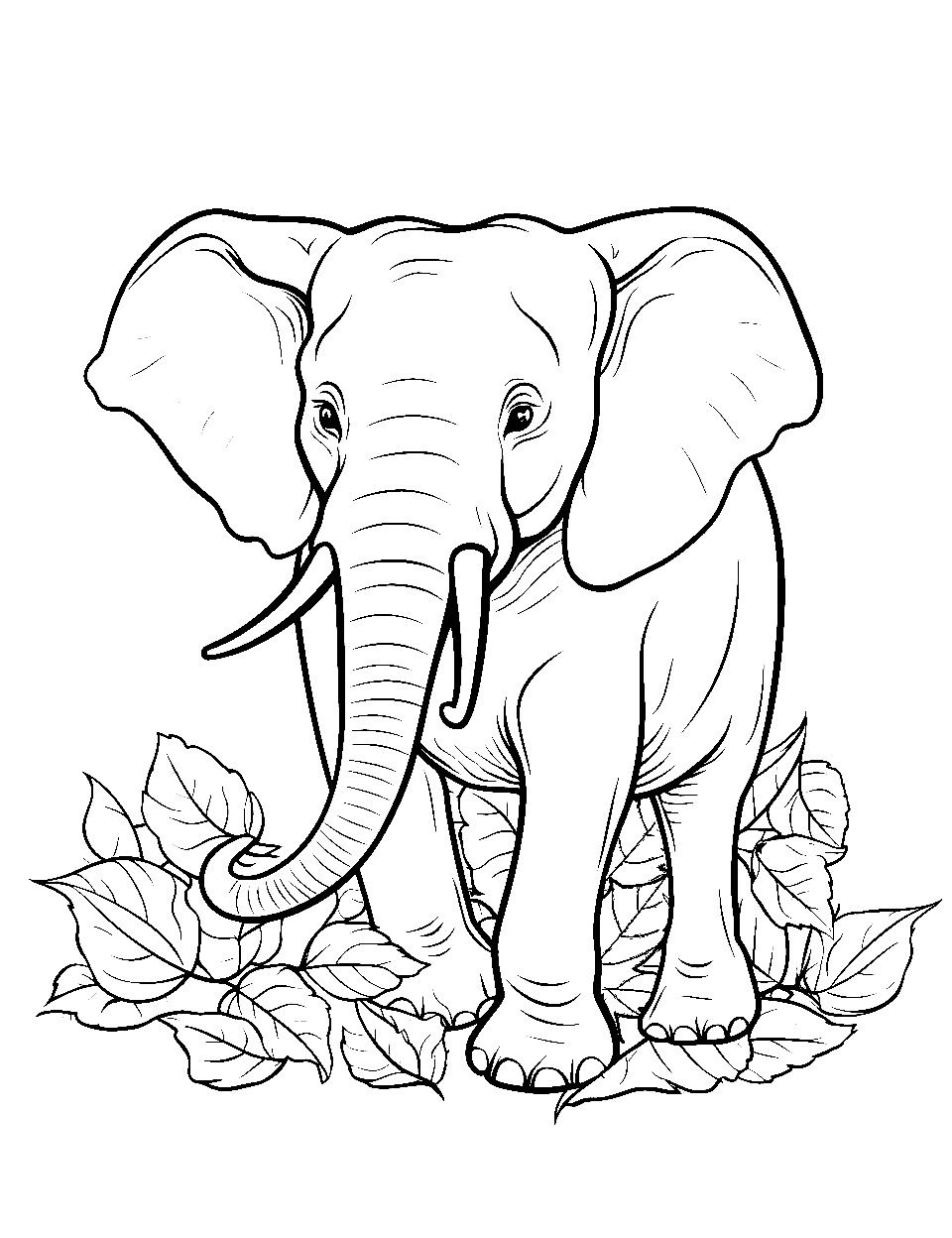 Autumn Leaves and Elephant Coloring Page - An elephant amidst fallen autumn leaves.