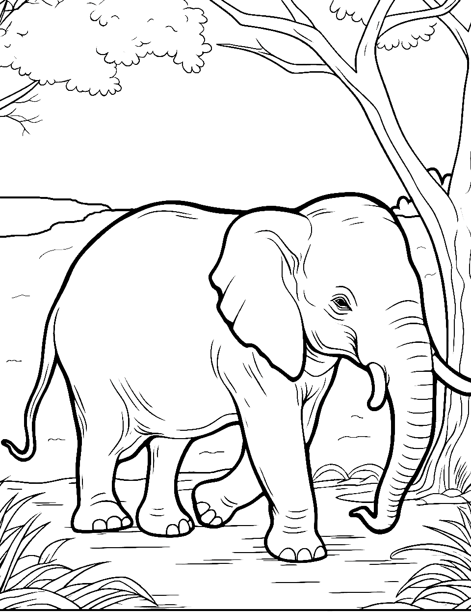 Elephant's Lakeside Serenity Coloring Page - An elephant strolling near a lake.