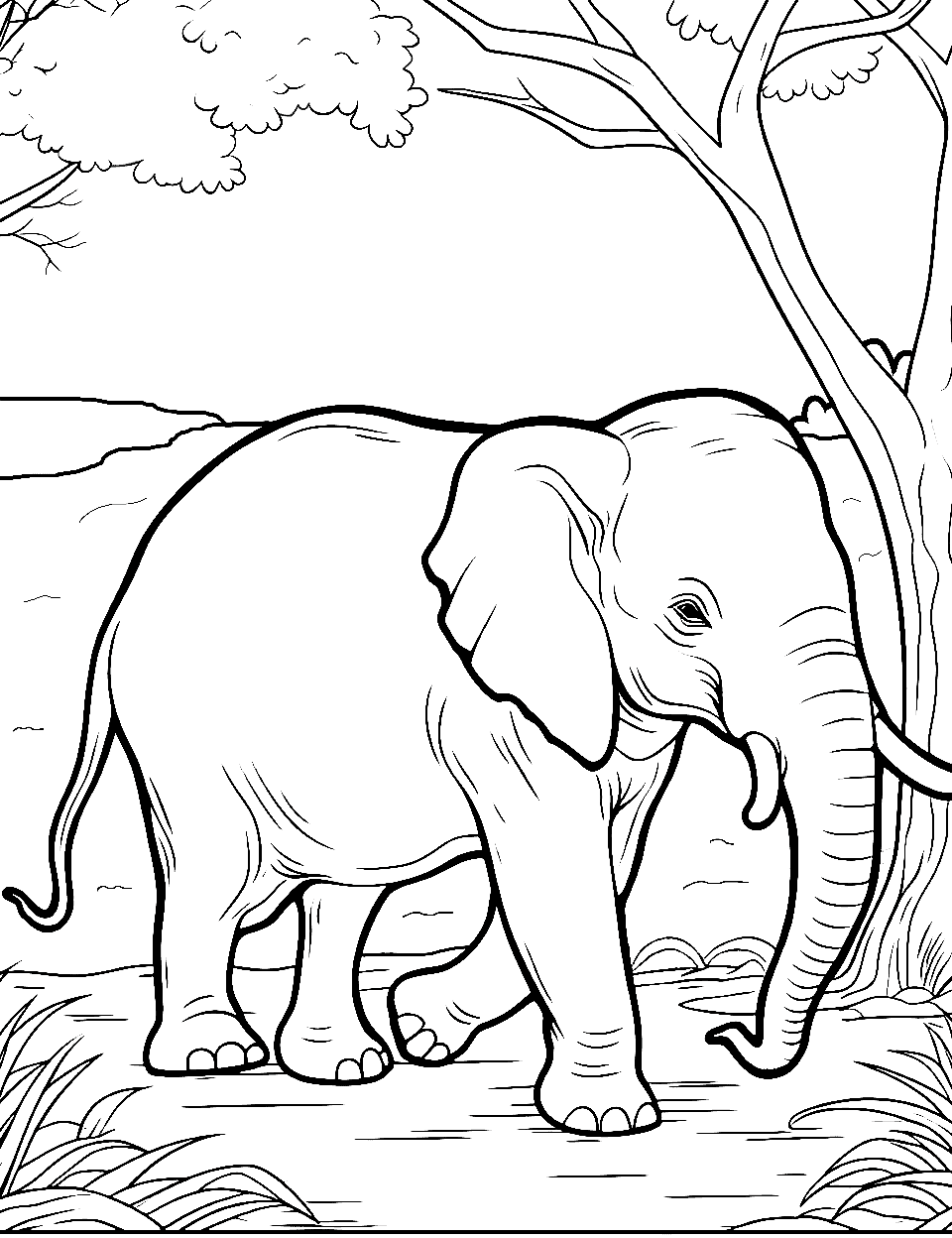 Elephant's Lakeside Serenity Elephant Coloring Page - An elephant strolling near a lake.