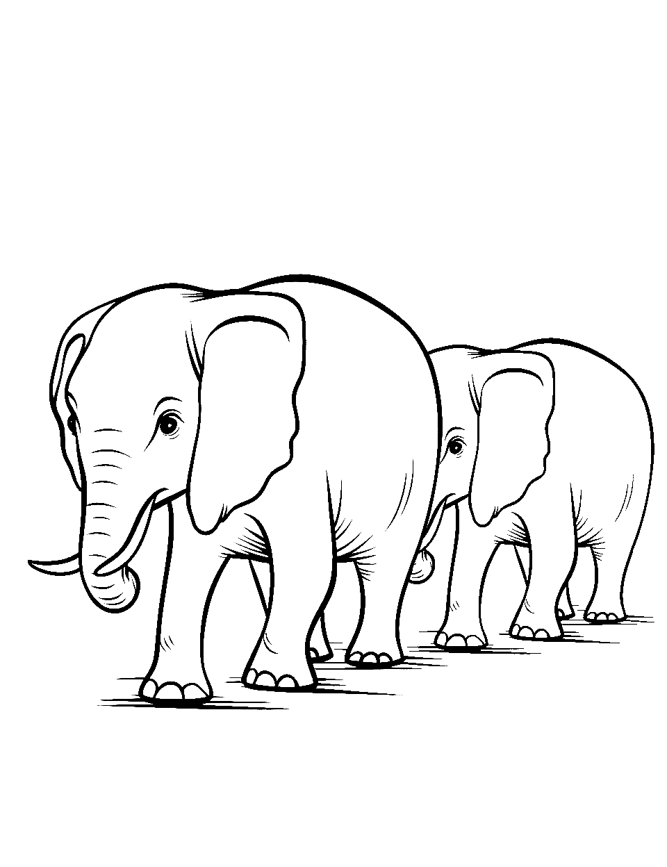 Preschool Elephant Parade Coloring Page - Two simple elephant drawings are walking in a line suitable for preschool kids.