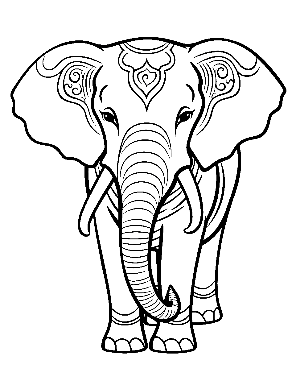 Indian Elephant with Decor Coloring Page - A decorated Indian elephant with body painting.