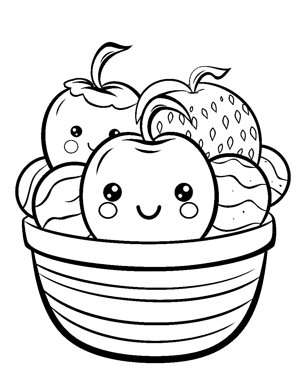Cute Fruit Basket Food Coloring Page - A basket filled with kawaii fruits.