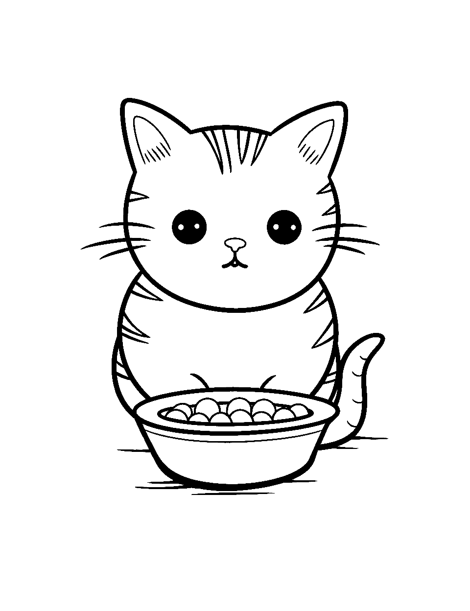 Cat's Breakfast Food Coloring Page - A cat eyeing a bowl of cereal.