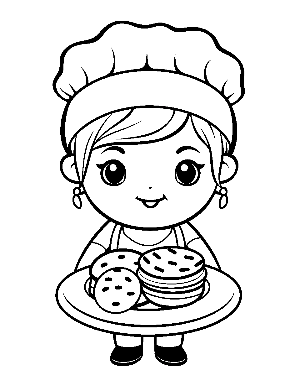 Chibi Chef Coloring Page - A chibi character proudly presenting a tray of freshly baked cookies.